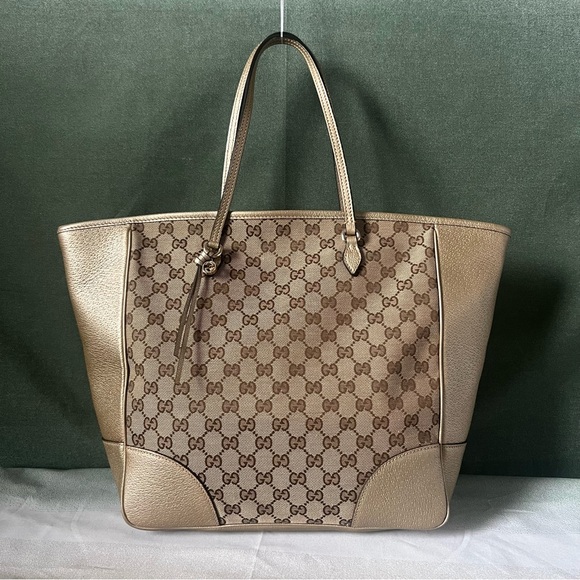 Gucci Leather Canvas Bree Gg Monogram Zipper Tote Champagne - Picture 1 of 16